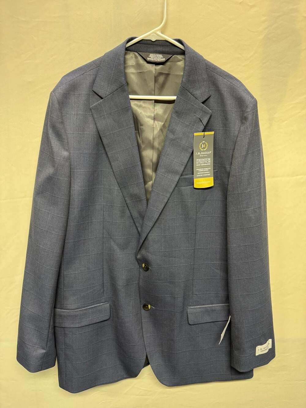 J.M. Haggar Premium Stretch Tailored Fit Suit Jacket, Navy Windowpane, Size 46 L